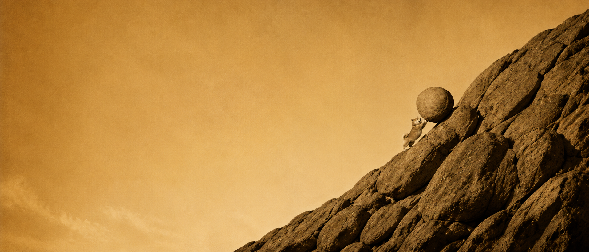 A shiba pushing a boulder up a long rocky ridge under an empty sky