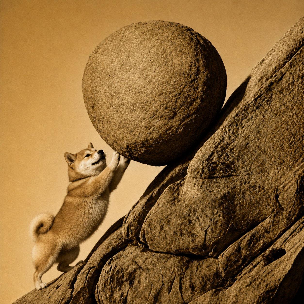 Close view of the dog pushing the boulder up the rock
