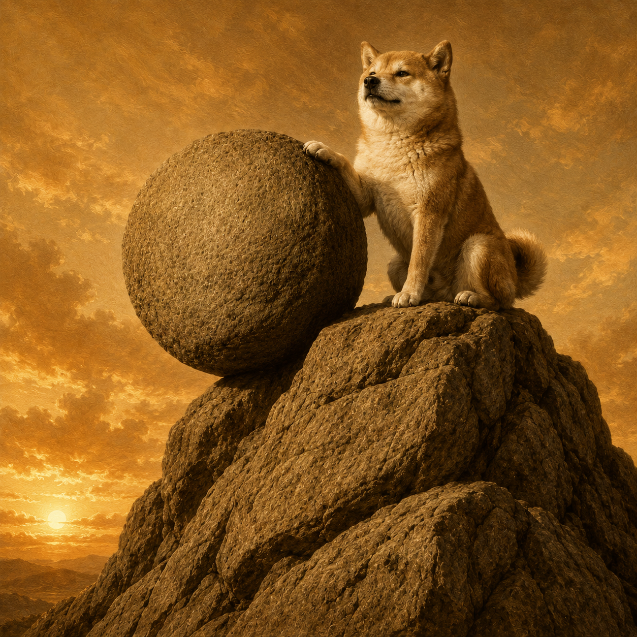 The dog sitting at the top beside the boulder at sunset